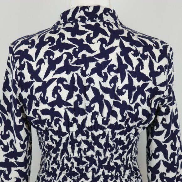 Maeve Alexa Women's XS Blue White Linen Blend V-Neck 3/4 Sleeve Shirred Blouse - Picture 5 of 10